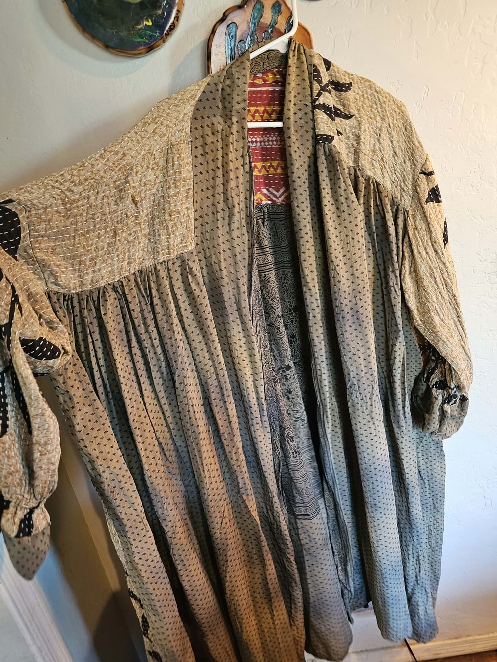 Kantha Bae Duster Coat in Taupe and Black Dot